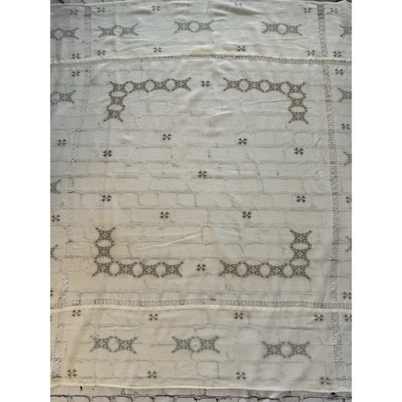 Vintage Linen tablecloth Hand Embroidered Ivory Gray Abstract Venice Italy 54X54 - Picture 1 of 16